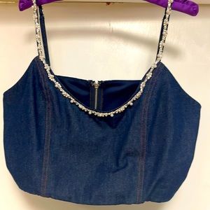 Denim Crop Top with Pearls & Rhinestones